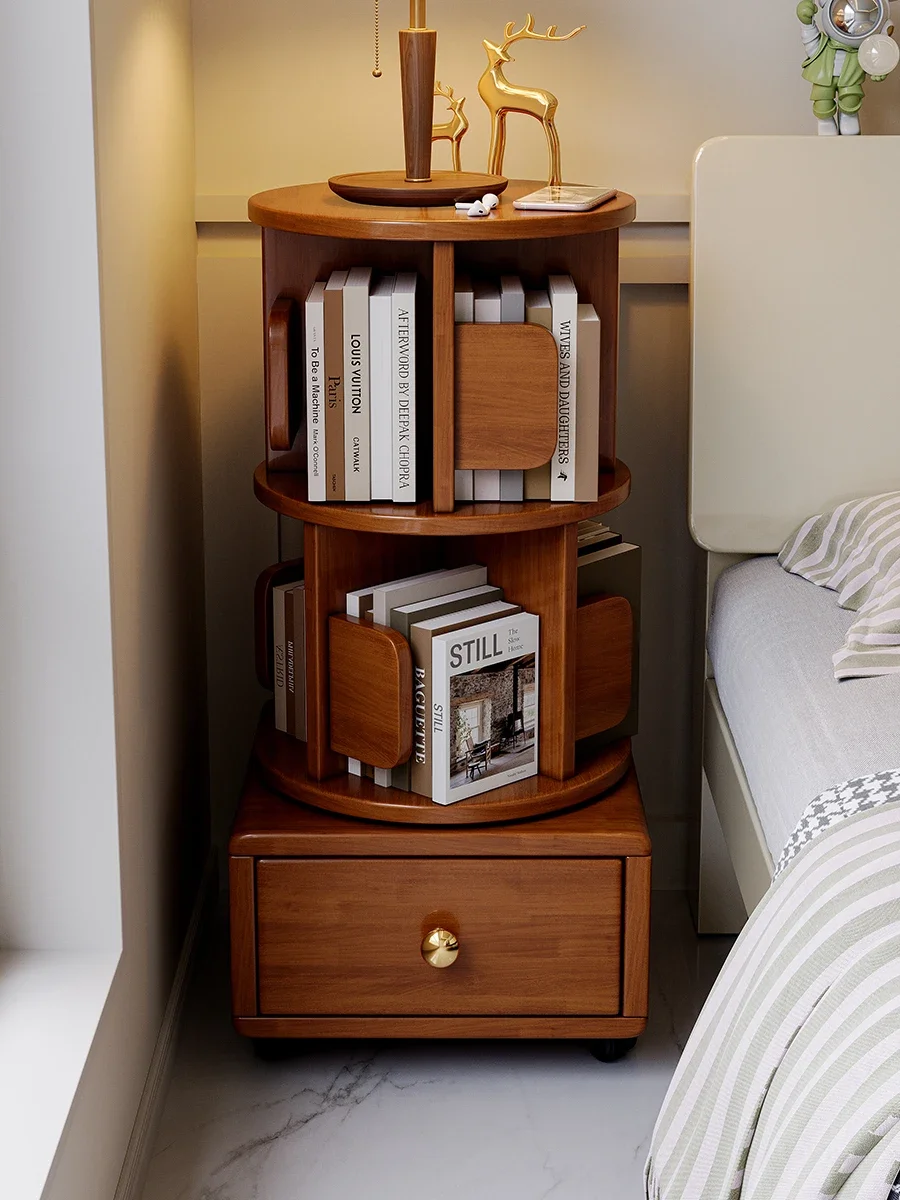 Solid wood rotating small bookshelf moving wheeled bedroom children's bookcase simple bedside table bedside storage shelf