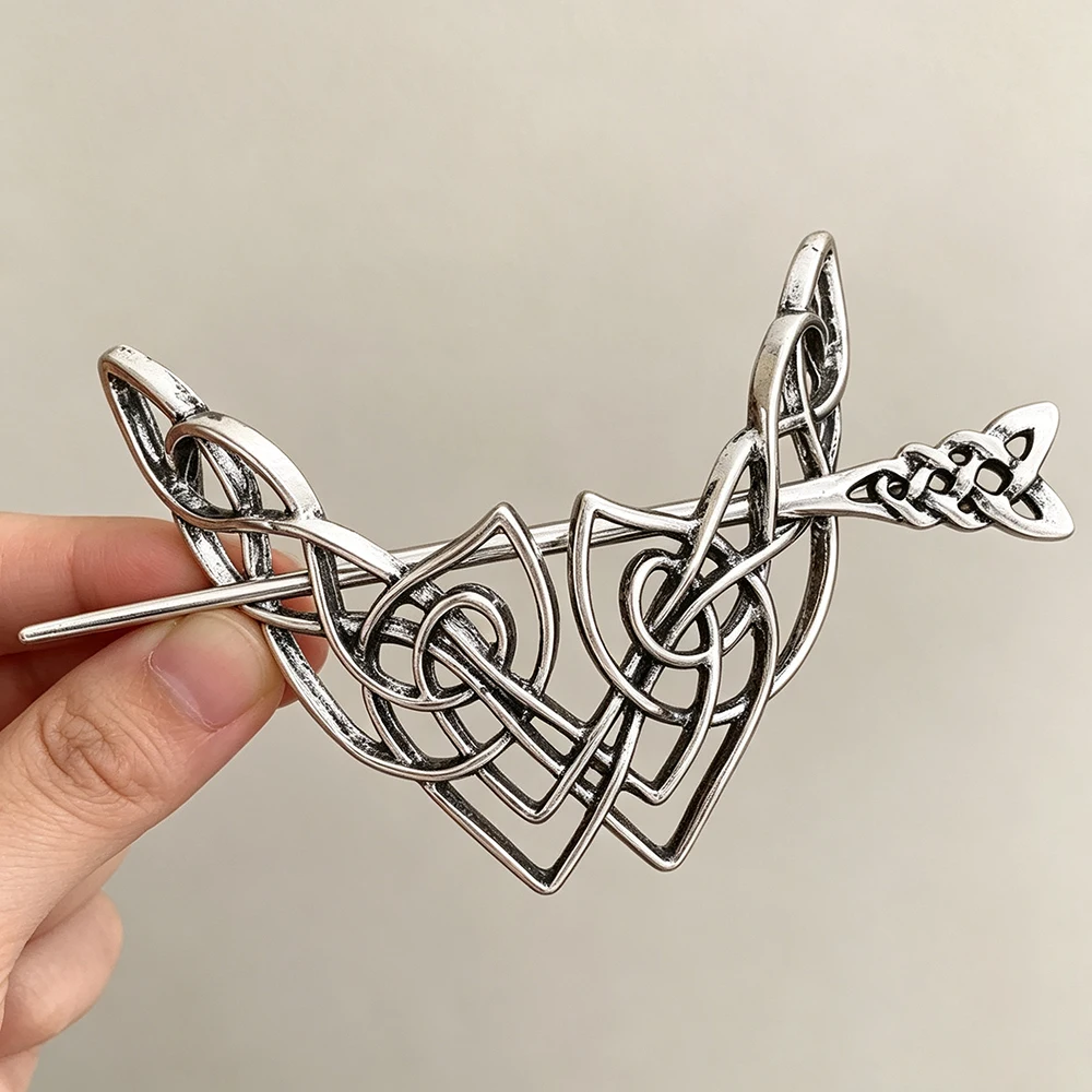 Nordic Viking Heart Shaped Celtic Hair Clip Made of Old Silver Hollow Weaving Pattern Hairpin Retro Palace Coiled Hair Accessory