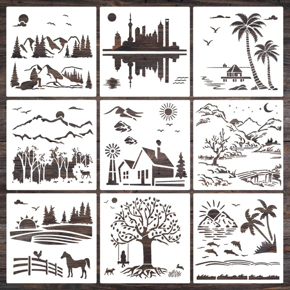 9Pcs/Lot 20cm City Country Farm Beach DIY Layering Stencils Wall Painting Scrapbook Coloring Embossing Album Decor Template