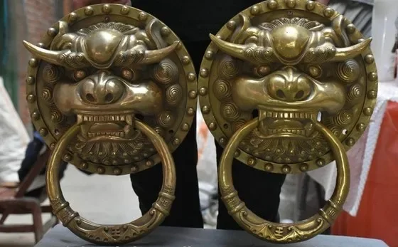 15 "الصينية النحاس فنغشوي الشر الحرس فو فو الكلب الأسد رئيس مطرقة الباب زوج #1