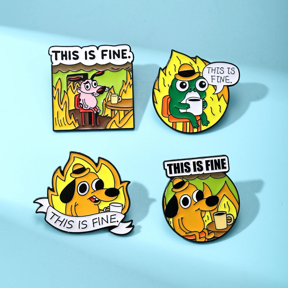 

4PCS Yellow Anime Cartoon "This Is Fine" Hound Dog Chair Comic Brooch Animals Flames Enamel Pins Fashion Cute Bag Backpack Jewel
