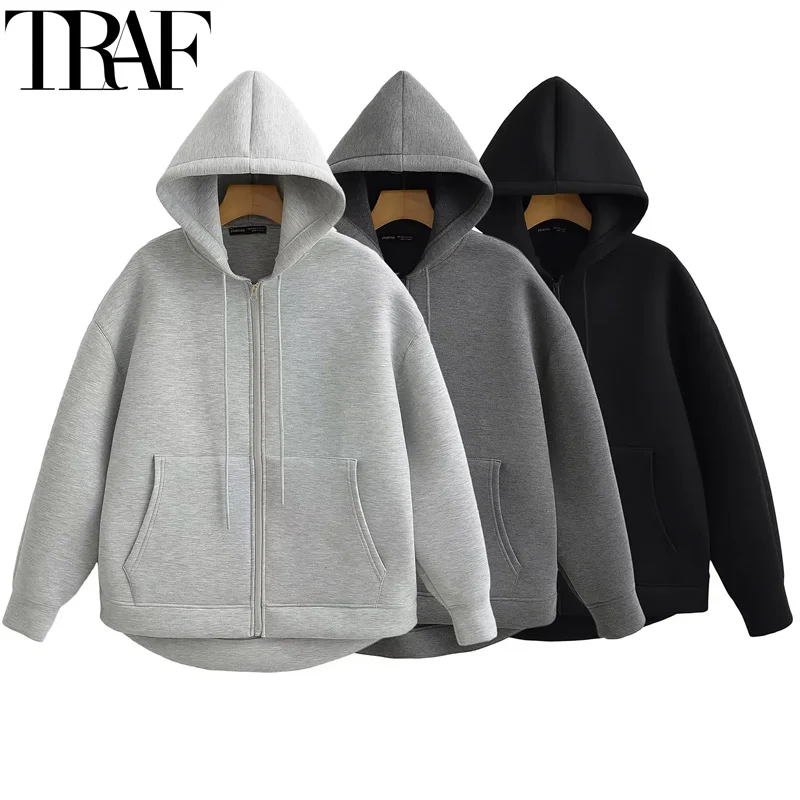 TRAF Woman Sweatshirts Black Hoodie Sweatshirts Outerwears Autumn Long Sleeve Hoodies Oversized Jackets Zip Casual Sweatshirts