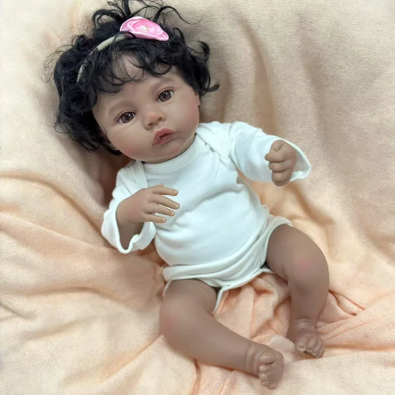

Implanted Curly Hair Dark Skin Meadow Girl Body Reborn Baby Doll Real Picture 19''Bebe