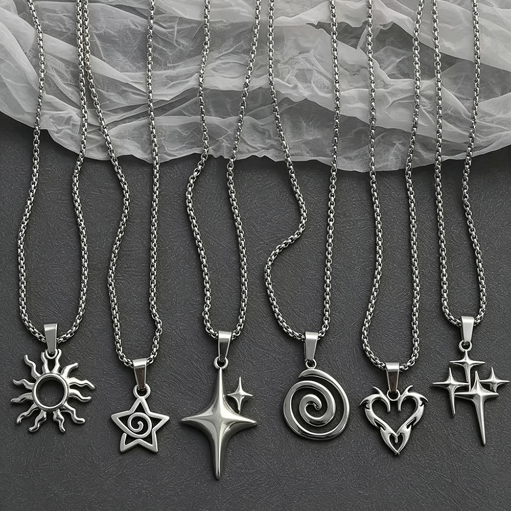 A Set of 6 Cross-Border Star-Shaped Y2K Stainless Steel Necklaces, Punk Style, Exquisite Y2K Chunky Chain Necklaces