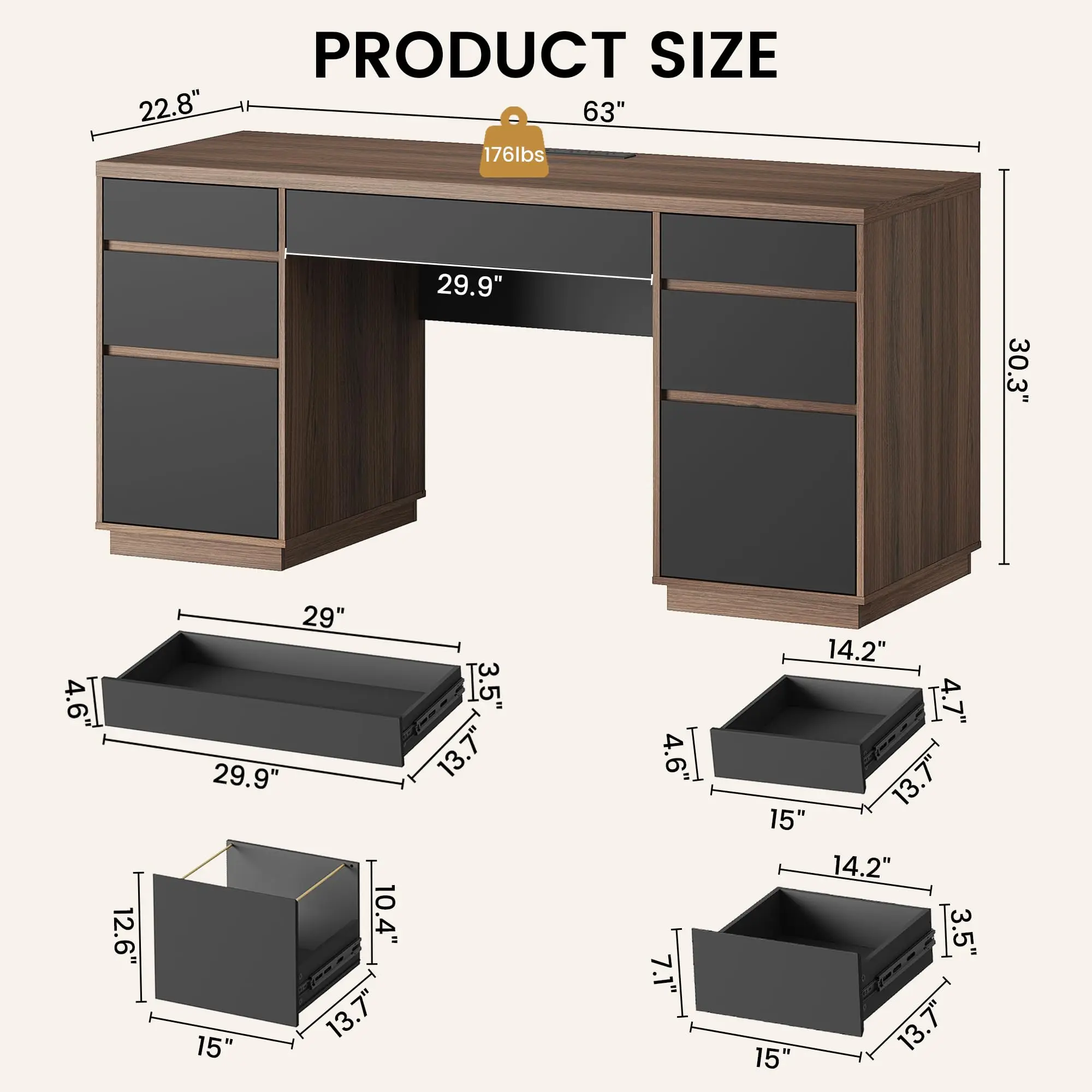 63'' Executive Desk with 7 Drawers, Built-in Power Outlets, File Drawers