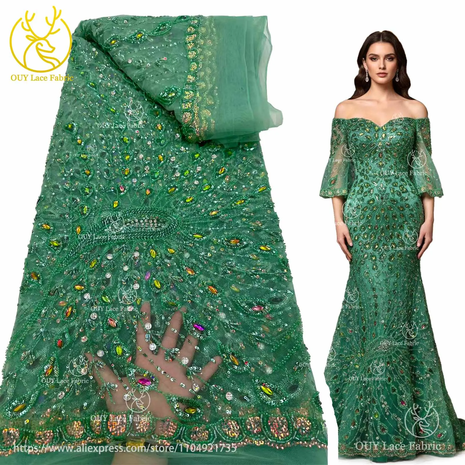

Green African Luxury Boulder Lace Fabric 2025 Luxury Nigerian French Beaded Sequin Lace Mesh Wedding Party Dress Fabric 5 Yards