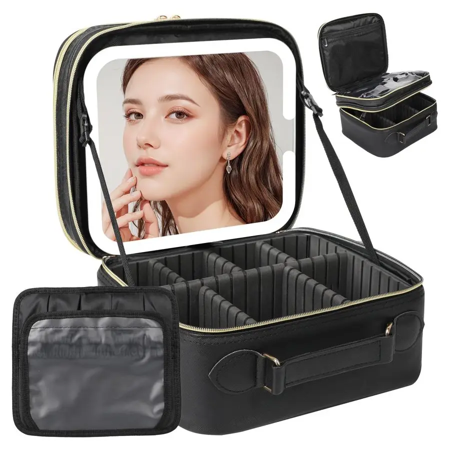 

Косметичка с LED-зеркалом, двухслойная, с отсоединяемым зеркалом для макияжа с подсветкой, трёхцветная регулируемая подсветка, кейс для косметики с регулируемой яркостью