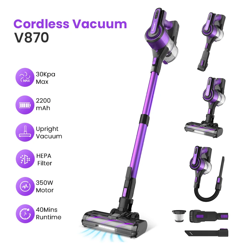 Poweart V870 Cordless Stick Vacuum Cleaner, 30Kpa Powerful Suction 8 in 1 Self-Standing Handhel Vacuum, Blue, Purple