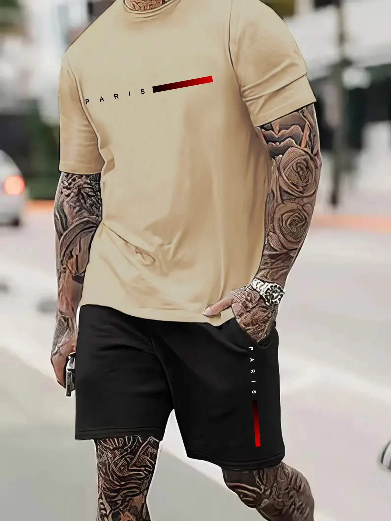 Short-sleeved shorts summer suit men\'s T-shirt trend printing round neck men\'s suit with gangster handsome sports two-piece suit