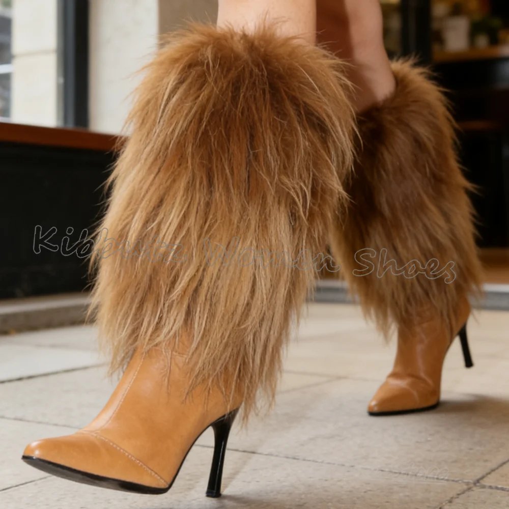 

Furry Ankle Boots Warm Winter Slip-On Women Shoes Pointy Thin Heels Solid Color Fashion Luxury Elegant Concise Sexy Novelty New