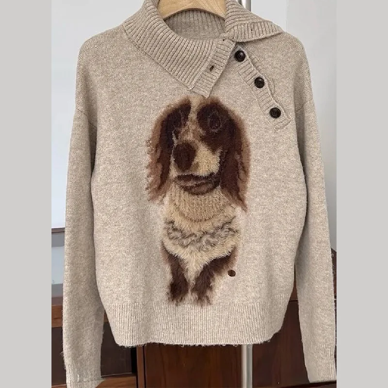 

Women's Irregular Collar Puppy Print Sweater Button Decoration Long Sleeves Tops Commuter Tops 2025 Women's New Casual Clothing