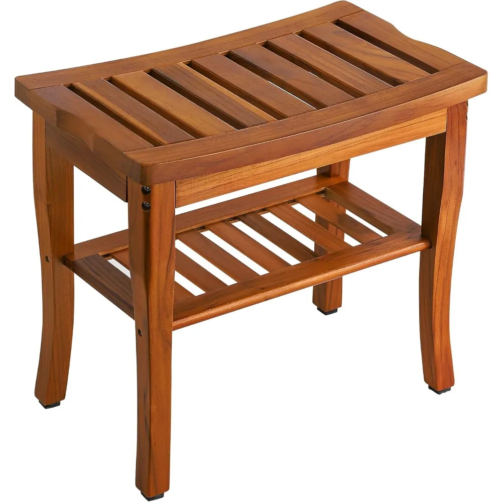 

Teak Shower Bench, Spa Bath Shower Stool with Storage Shelf, Wooden Seat Stool for Bathroom