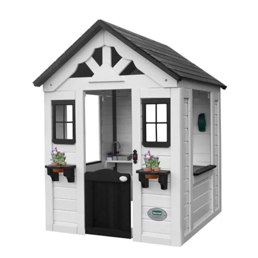 Backyard playhouse for outdoor imaginative play, white cedar wood, white color, durable natural wood construction with play kit