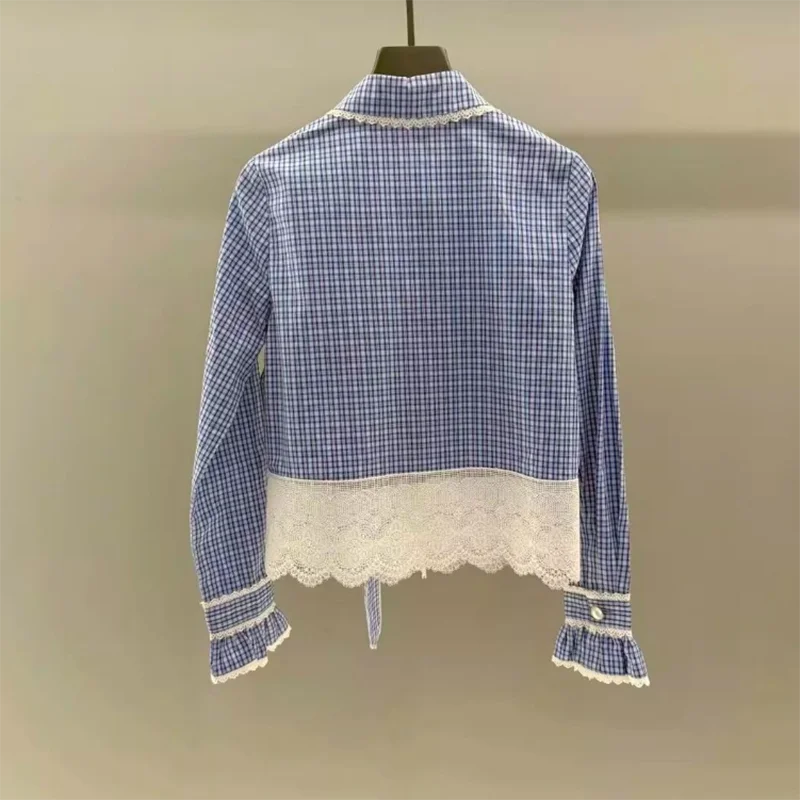 

Korean Sweet Lace Splice Short Shirt Spring 2026 New Style Age-Defying Slimming Plaid Bow Knot Top Women's Fashion