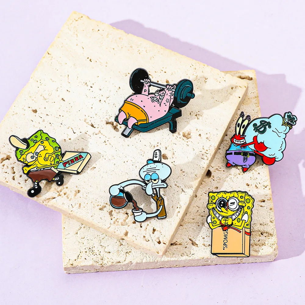 Bob Esponja Calça Quadrada Esmalte Pins para Mulheres, Tentáculos Lula Molusco, Emblemas, Desenhos Animados, Patrick Star, Anime, Jóias, Acessórios