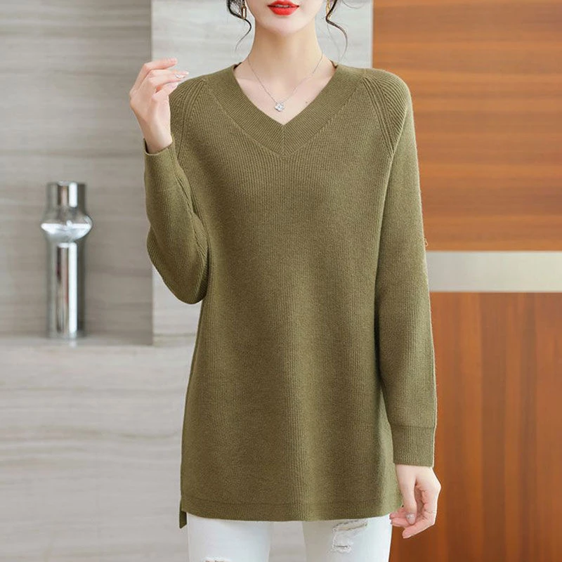 2024 New Cashmere Women\'s V-neck Pullover Casual Knitted Long Sleeve Women\'s Sweater Autumn And Winter Bottoming Shirt