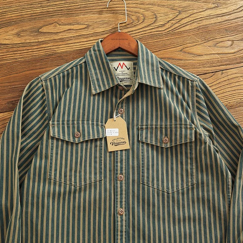 Csa Vaquera Retro Desgastada con Rayas Vertics Azules, Csa de Trabajo Hoada de Manga Larga Estilo Americano para H...