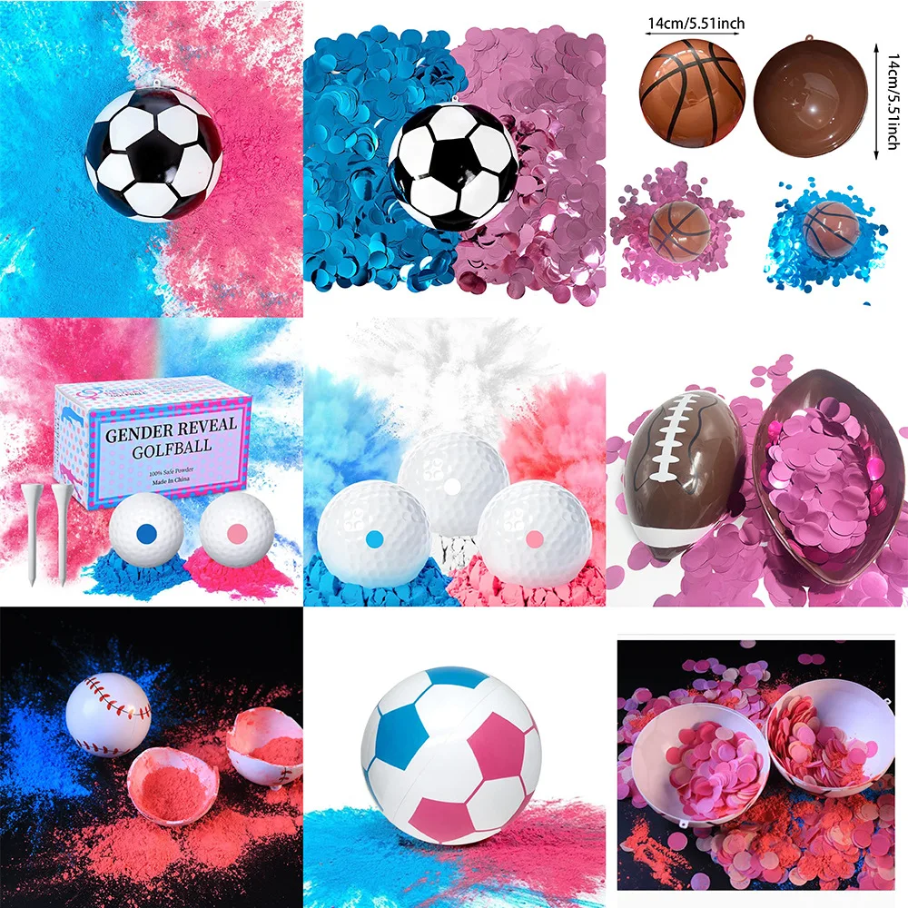 

Реквизит для создания атмосферы на вечеринке в честь определения пола ребенка: футбол, бейсбол, гольф, баскетбол, регби, теннис.