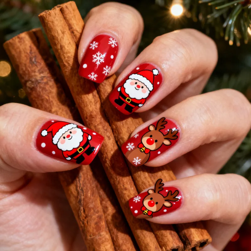 

24PCS False Nails Santa Claus Elk Red Snowflake Design Christmas Style Manicure Short Square Ins Style Press on Nails for Women