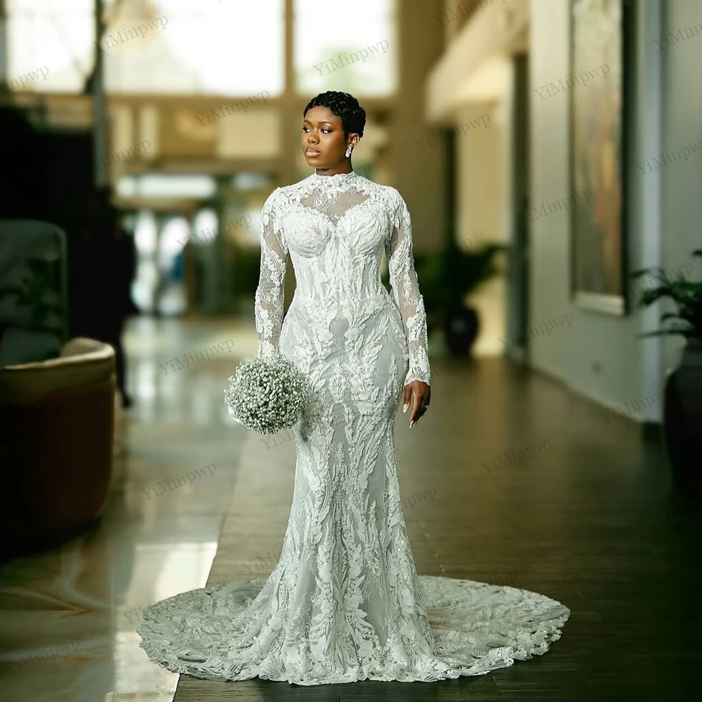 

Mermaid Wedding Dresses For African Bridal Full Sleeve Backless Crystal Bride Gowns Beaded Engagement Party Dresses Customized