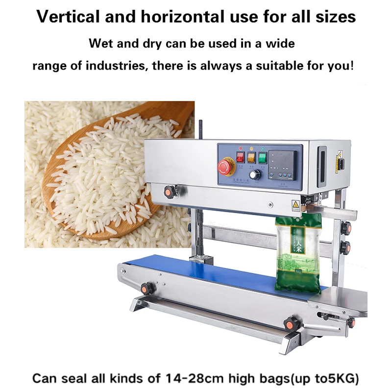FR900 Stainless Steel Continuous Band Sealer Pet Food Coffee Plastic Bag Printing Vertical Stand Horizontal Type Sealing Machine
