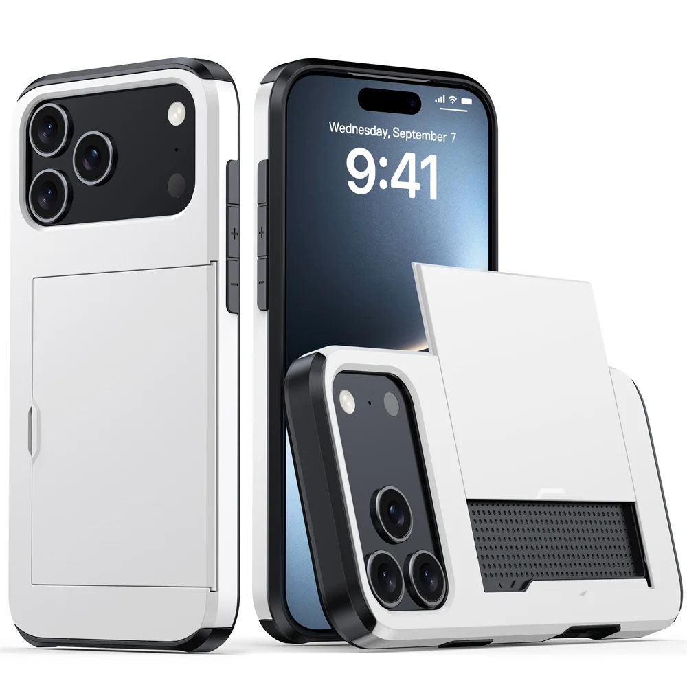 Robuste Handyhülle für iPhone 18 17 16 Plus 15 Pro 15 14 13 12 11 Pro Max mit Brieftaschen-Kartenhalter und Schiebeverschluss aus hartem PC-Schutzmaterial – Detail 2