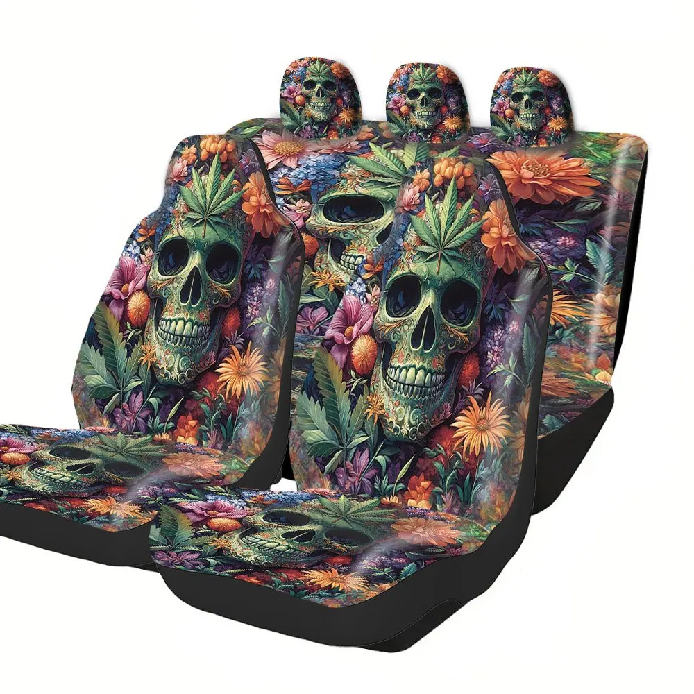 Trendy Print Car Seat Covers Full Set Fit Festive Versatile Premium Material Comfortable Breathable Skull Flowers Leaves Car In