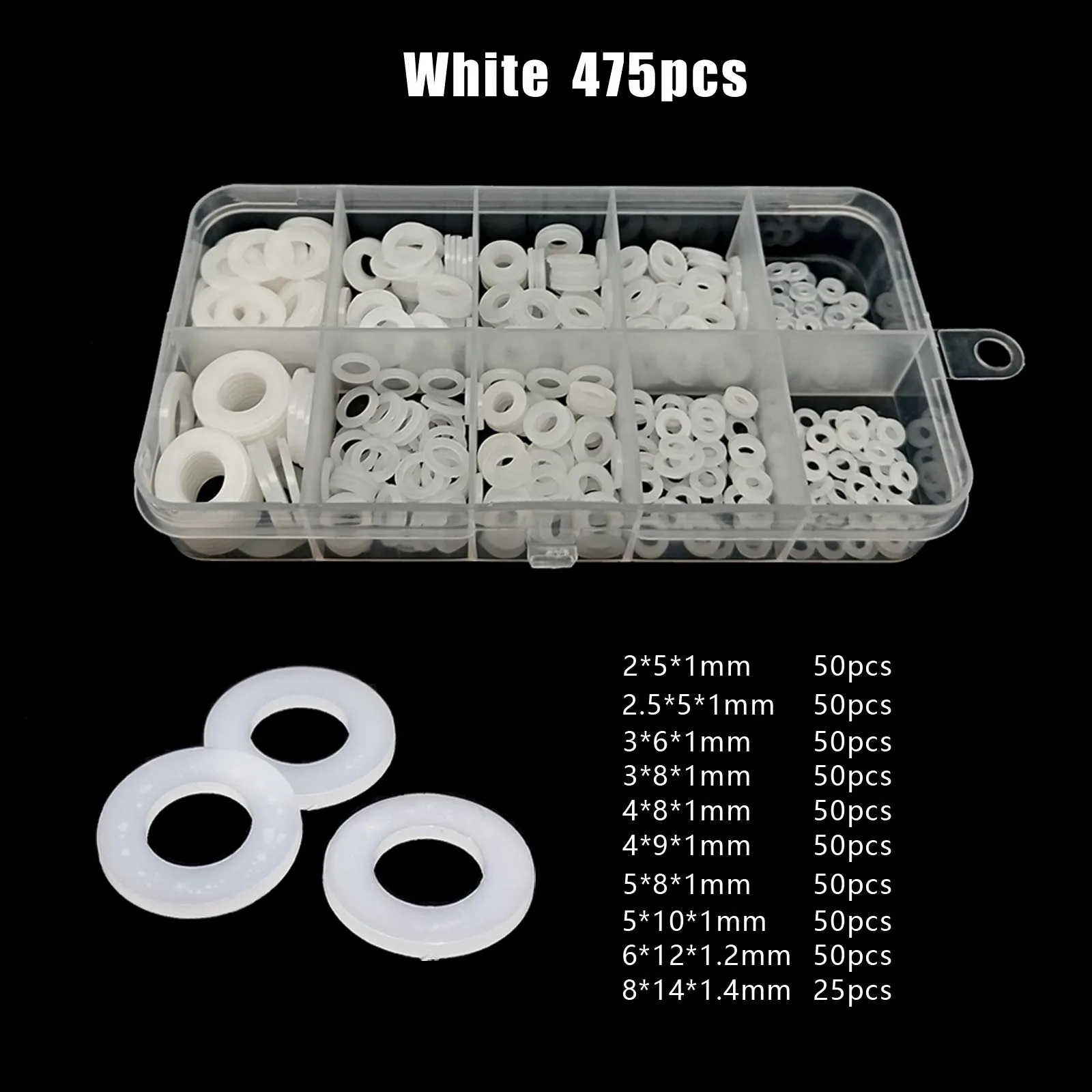 475/1150pcs M2 M2.5 M3 M4 M5 M6 M8 White Black Plastic Nylon Flat Washer Plain Spacer Insulation Gasket Ring Assortment Kit Box