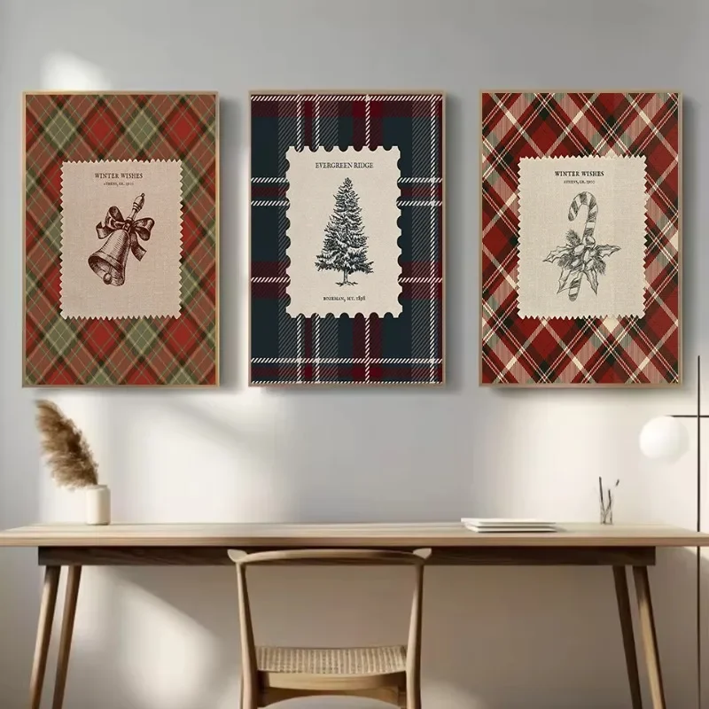 1pc frameless Canvas painting Vintage Christmas Bells Winter Wreath Candy Pine Tree Bow Aesthetic Poster Canvas Painting Wall Pi