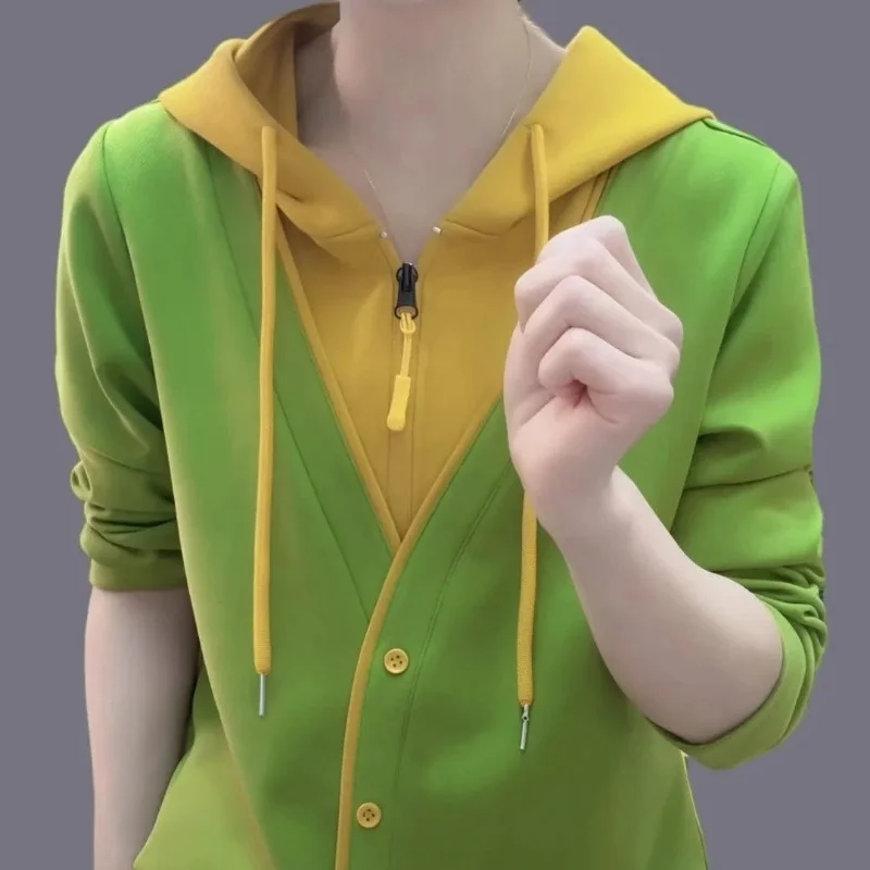 Color Block Hoodie Women Zip Up Jacket Long Sleeve Casual Sweatshirt for Spring Autumn Wear