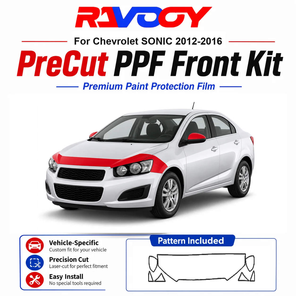 

8.5mil TPU Precut PPF Kit For Chevrolet SONIC 2012-2016 - Hood, Fenders & Mirror Set - Self-Healing Clear Bra Film