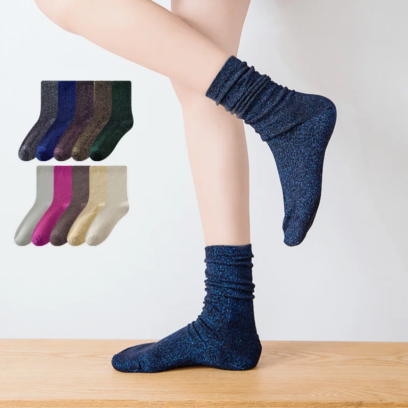 1 3 5 paar Dames Glitter Metallic Garen Gestreepte Sokken Halfhoge Kuitsokken Glinsterende Mode Sokken Sexy Casual Dagelijks gebruik Vier seizoenen