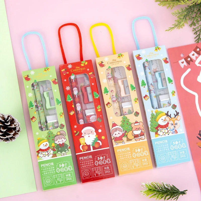 5Pcs Kawaii Children Stationery Set Gift Box Kindergarten Prize Gift Christmas Gift Pencil Ruler Eraser Sharpener Stationery Set