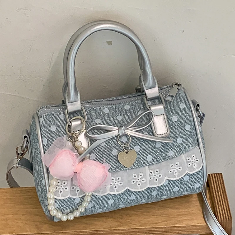 Koreanische Polka Dot Bowknot Patchwork Hobo Umhängetasche, Damenhandtasche, vielseitige, leichte, kleine quadratische Tragetasche für den Arbeitsweg – Detail 13
