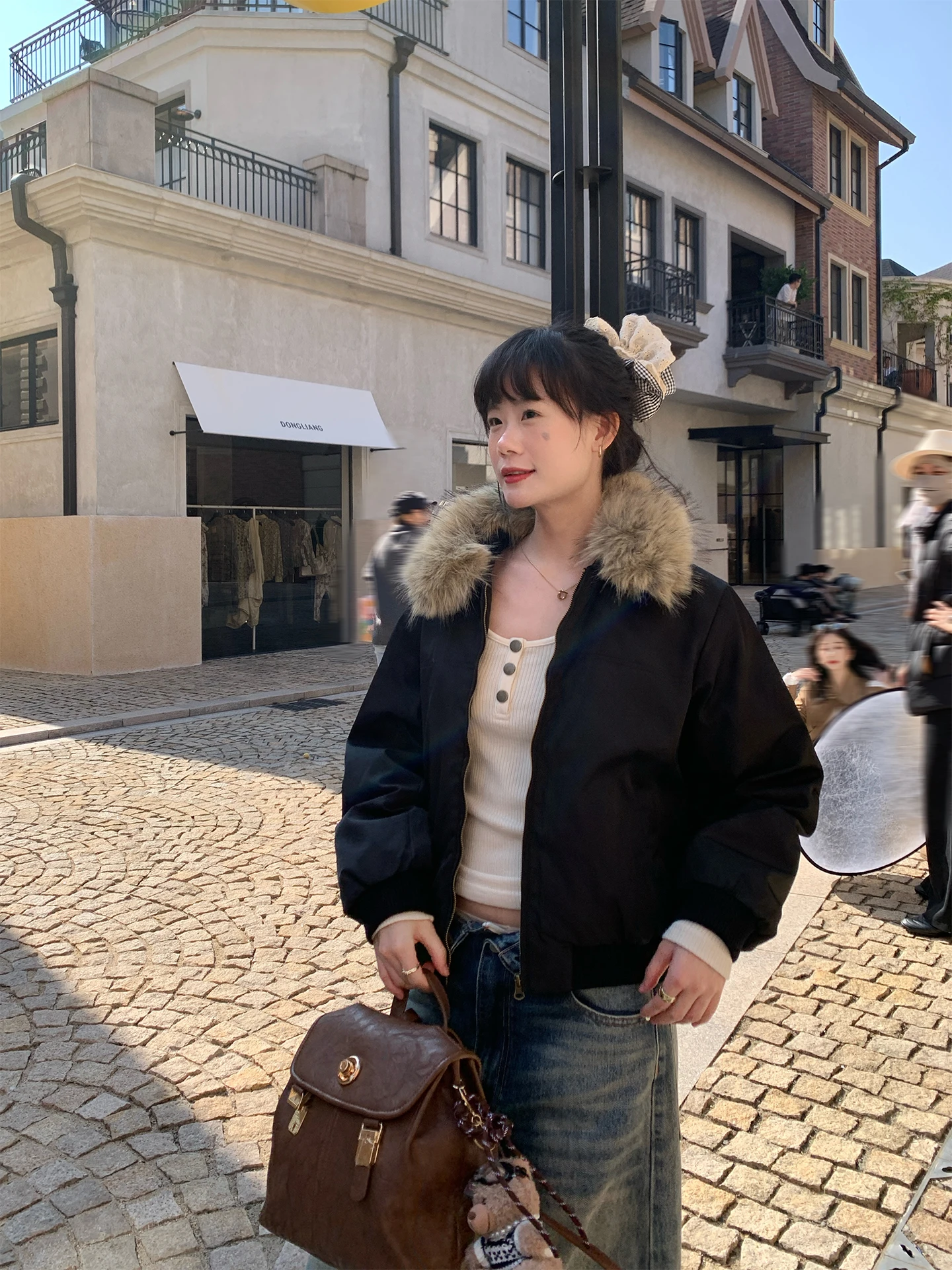 

Зимняя женская пуховая куртка FNA в американском ретро-стиле с меховым воротником, теплая, приталенная, универсальная, короткая, на молнии