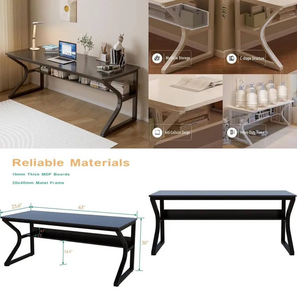 

63 Dual Long Writing Desk for 2-Person Home Office, Modern Study Workstation with Bookshelf