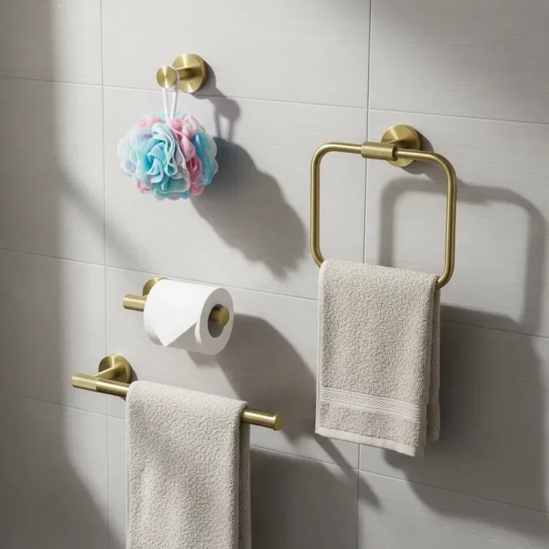 WEIHAO Brushed Gold Bathroom Hardware 4 Piece Set Towel Bar Towel Ring Toilet Paper Holder Robe Hook Wall Mounted Rustproof