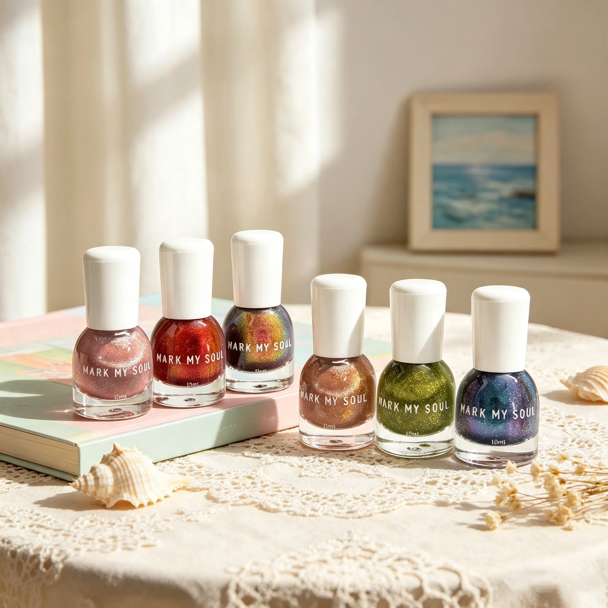6Pcs Nude Red Olive Star Contrast Tone Cat Eye Nail Polish Kit, MARK MY SOUL No Lamp Needed Nail Polish S55/S90/S82/S113/S13