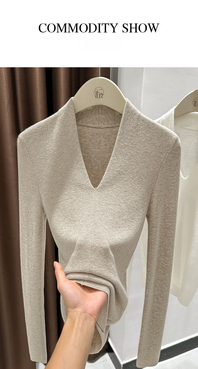 AOSSVIAO Herbst Winter Schwarzer Damen-Pullover mit V-Ausschnitt, langärmelig, schmale Passform, weicher Strickpullover, weiche, vielseitige Basic-Layering-Tops – Detail 9