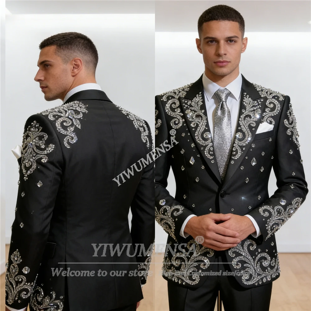 

Luxury Beaded Crystals Suits Men Slim Fit Groom Formal Party Tuxedos Customized 2 Piece Set Wedding Blazers Terno Masculinos