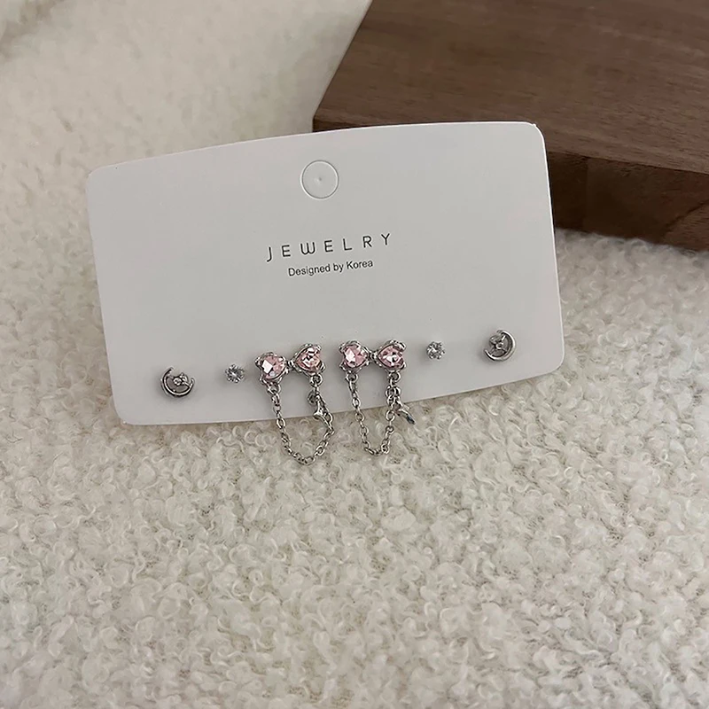 6Pcs/set Y2K Bowknot Heart Zircon Stud Earrings For Women Girls Trendy Star Moon Piercing Earrings Sweet Cool Jewelry Party Gift image 4