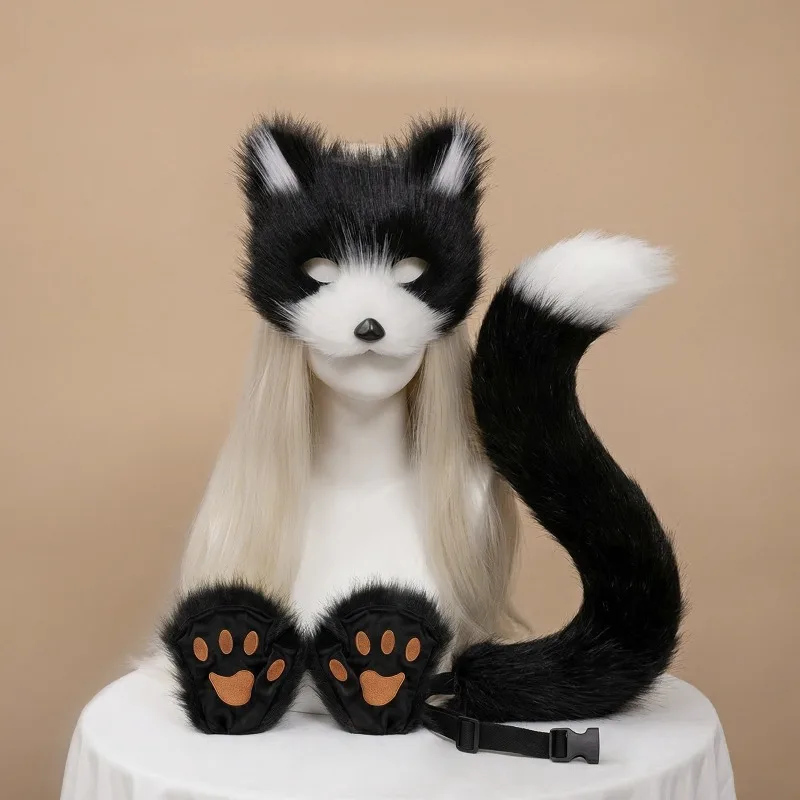 

Halloween Furry Bear Cat Beast Fox Paws Mask Tail Set Cosplay Props Cute Plush Animal Claws Gloves Roleplay Costume Accessories