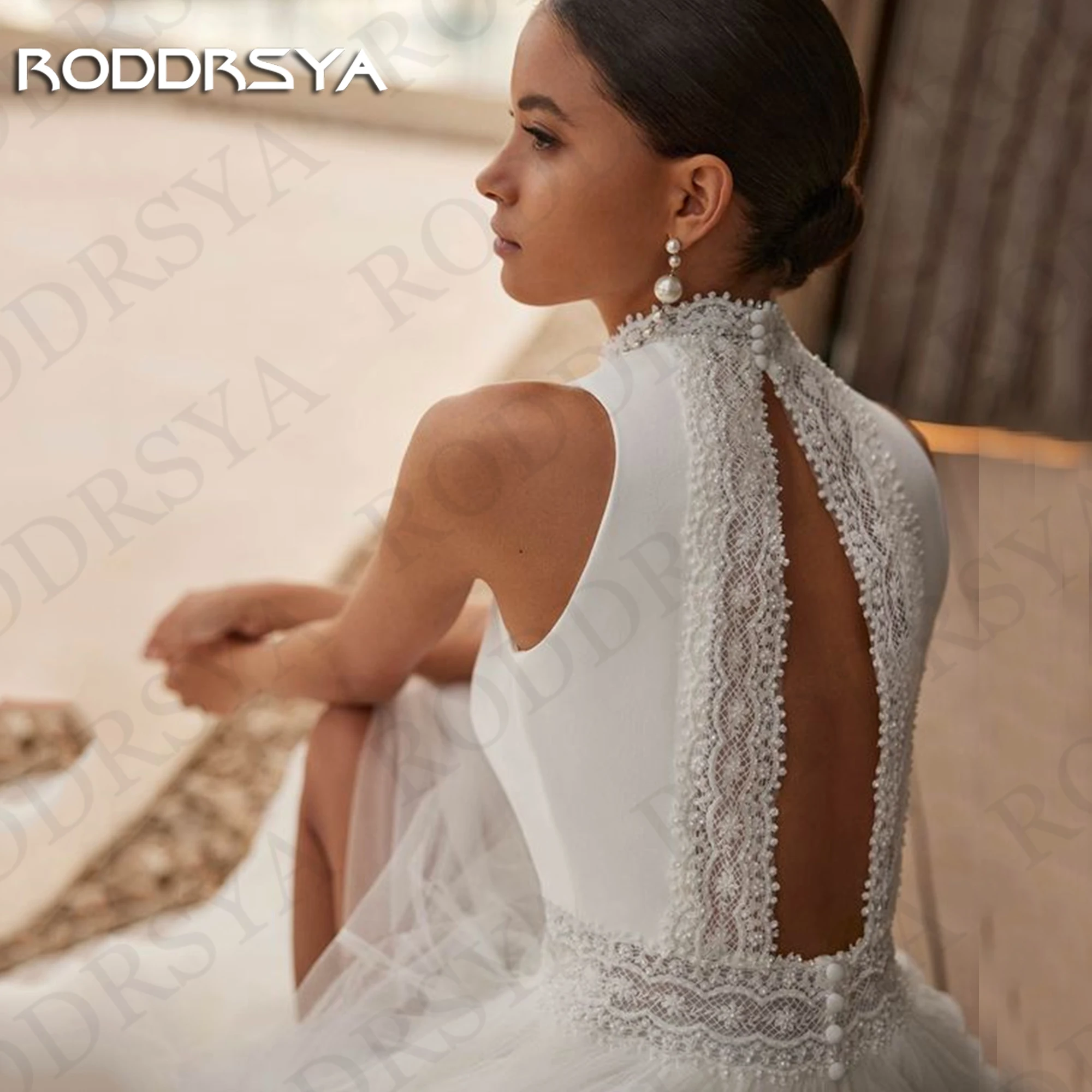 RODDRSYA Customized A Line Wedding Dress Bohemian Backless Tulle Lace O-Neck Bridal Dresses Sleeveless Split vestidos de novia image 3