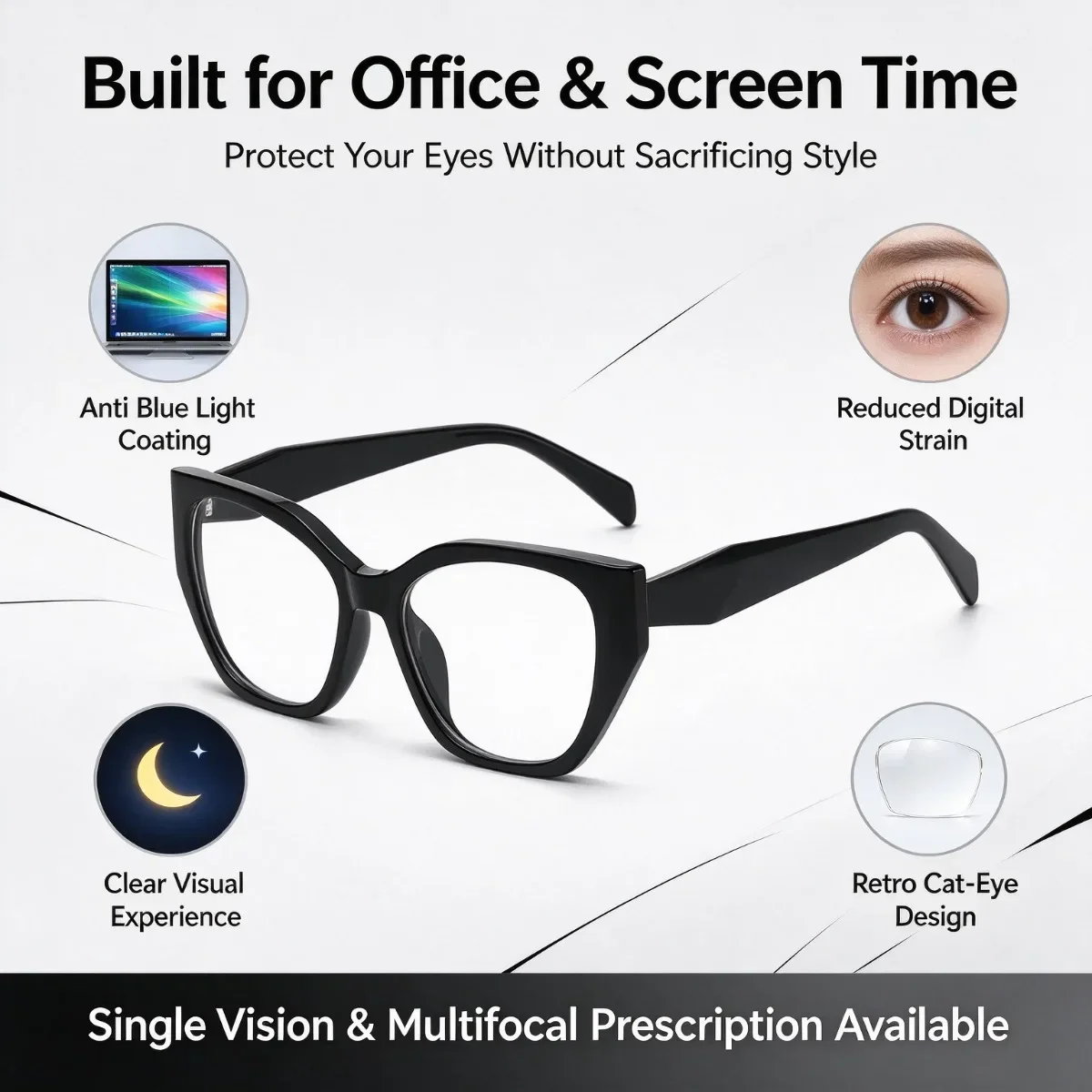 SHINU Women Retro Anti Blue Light Computer Glasses, Prescription Custom Single Vision & Multifocal, for Office & Screen Time