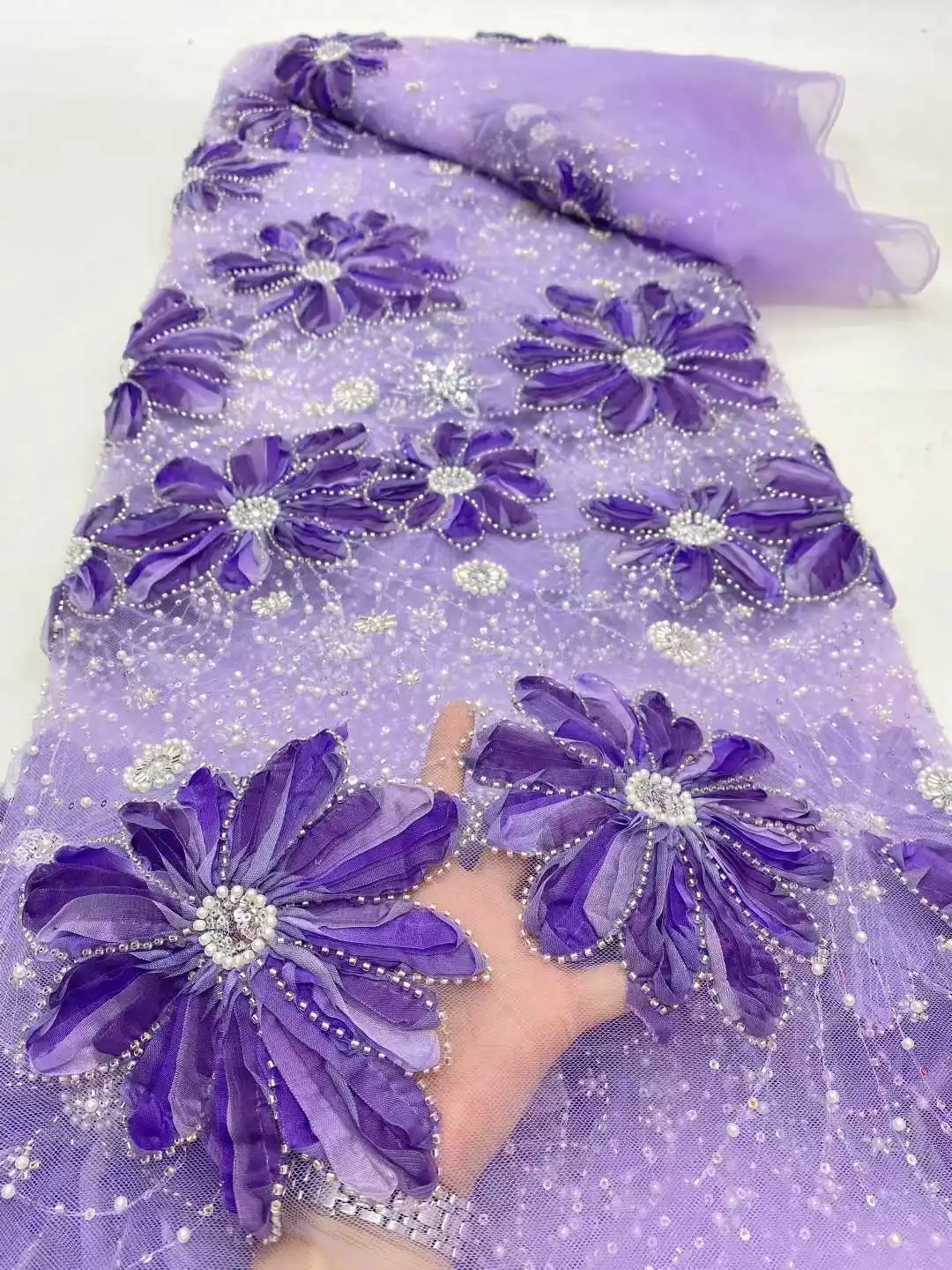 Franse Afrikaanse 3D Kant Stof 2025, Met Kralen Hoge Kwaliteit Borduren Voor Vrouwen Trouwjurk Nigeriaanse Kant Mesh Stof 5 Yards