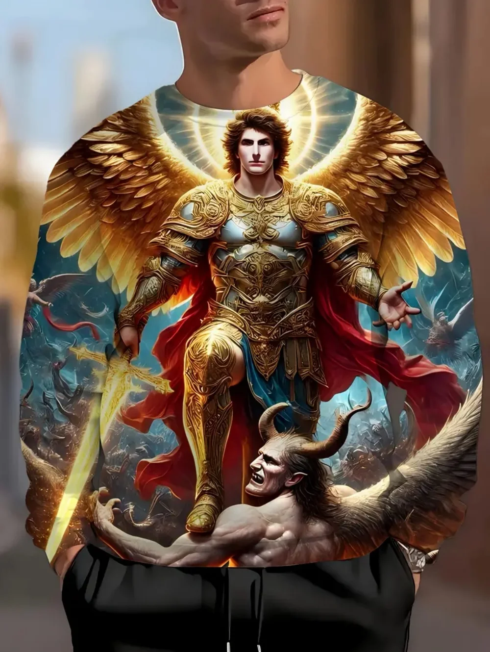 Men's T-Shirt Angel Michael Graphic Men Long Sleeve Tee Golden Sword Design 3D Print T Shirts for Man Loose Unisex Tee Clothing
