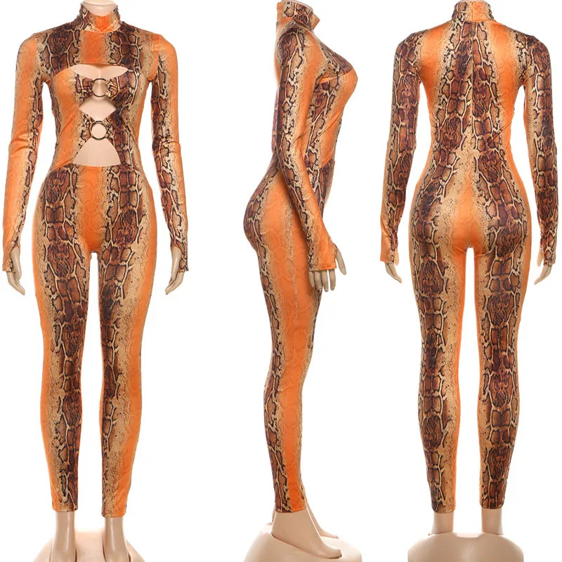 مثير الجوف خارج مطبوعة Bodycon رومبير بذلة امرأة طويلة الأكمام حلقة معدنية نحيل قطعة واحدة وزرة ليلة ملابس نادي الحفلات