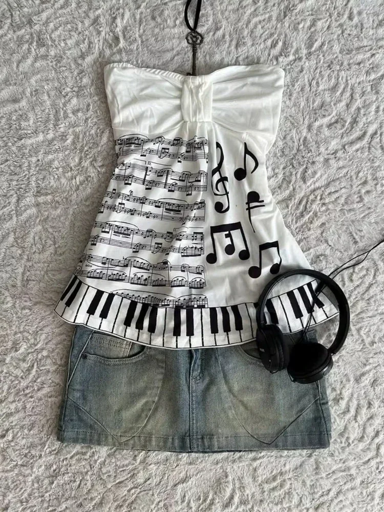 Y2k Emo Damen Streetwear Musiknoten-Grafik Acubi T-Shirt Tanktops Ästhetik Harajuku Goth Grunge 2000er Alt Camisole Kleidung – Detail 2