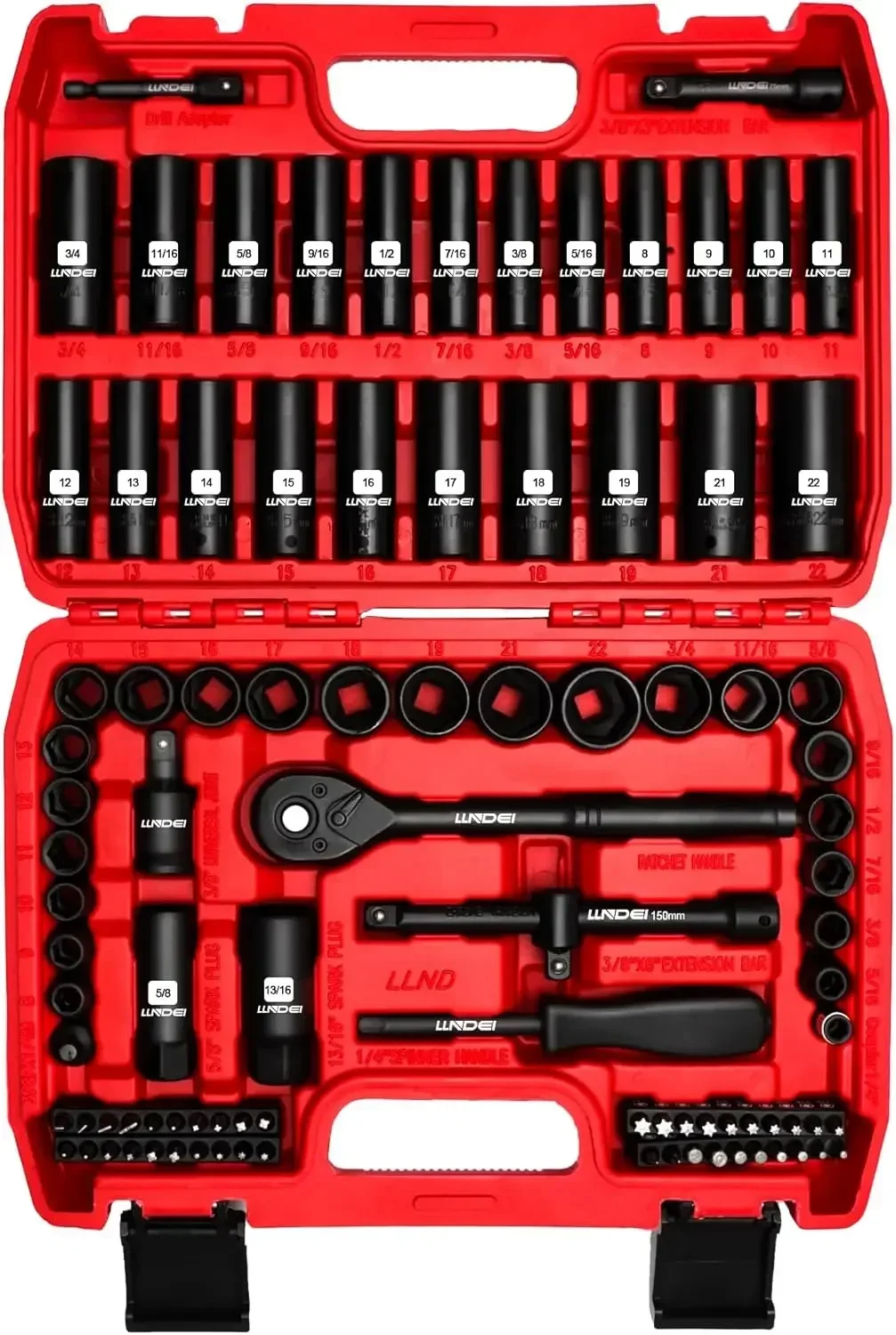 

3/8”Drive Impact Socket Set,Standard SAE(5/16 to 3/4-Inch) Metric Size(8-22mm), 95 Piece, CR-V Steel Deep&Shallow Kit, Adapters