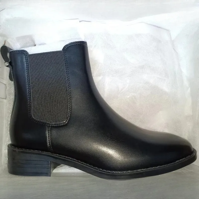 Autumn Winter New Women Genuine Leather Chelsea Short Boots Round Toe Small Chunky Block Heel Daily Commute Fashion Ankle Shoes